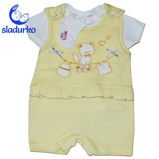 Жълт Гащеризон и бяла тениска за момиче с коте 3 части