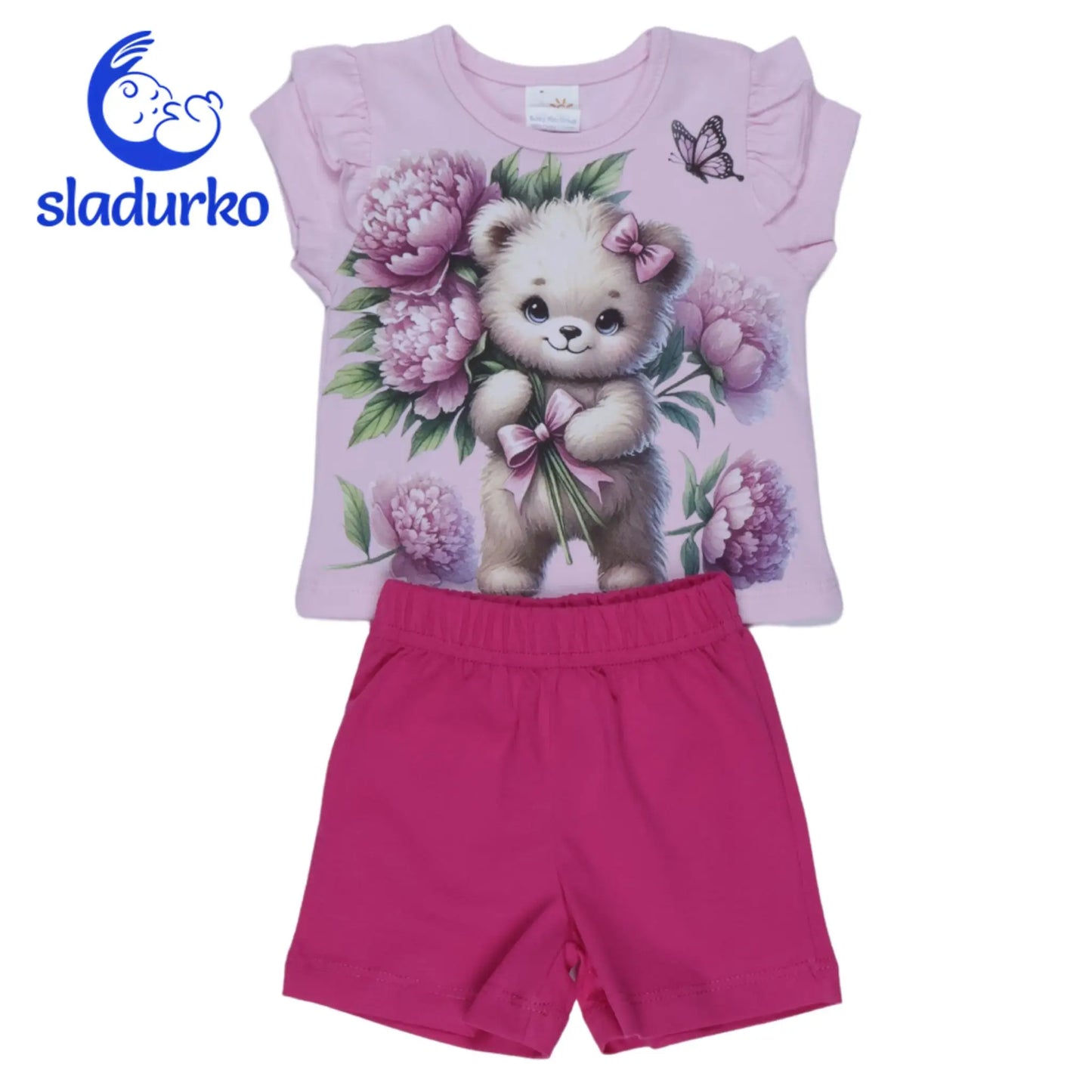 Детски летен комплект "Мече с цветя" - тениска и къси панталонки