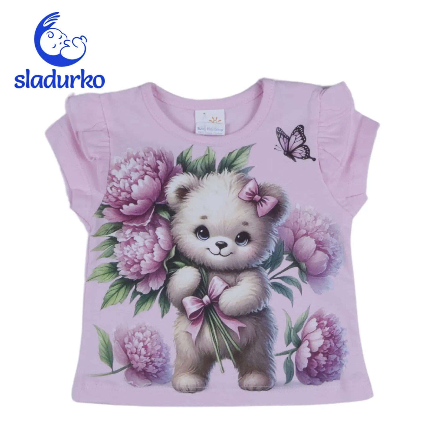 Детски летен комплект "Мече с цветя" - тениска и къси панталонки