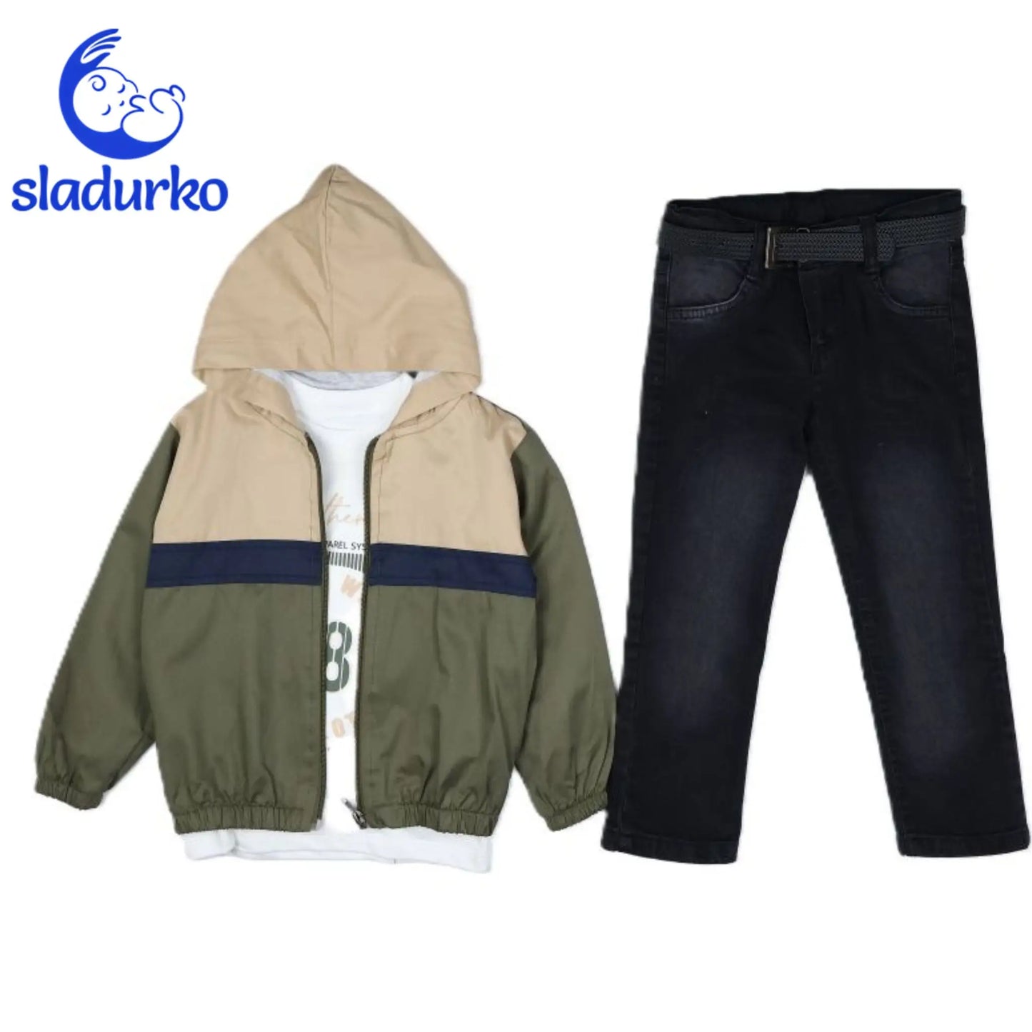 Яке с качулка, блуза с дълъг ръкав и дънки + колан - комплект за момче