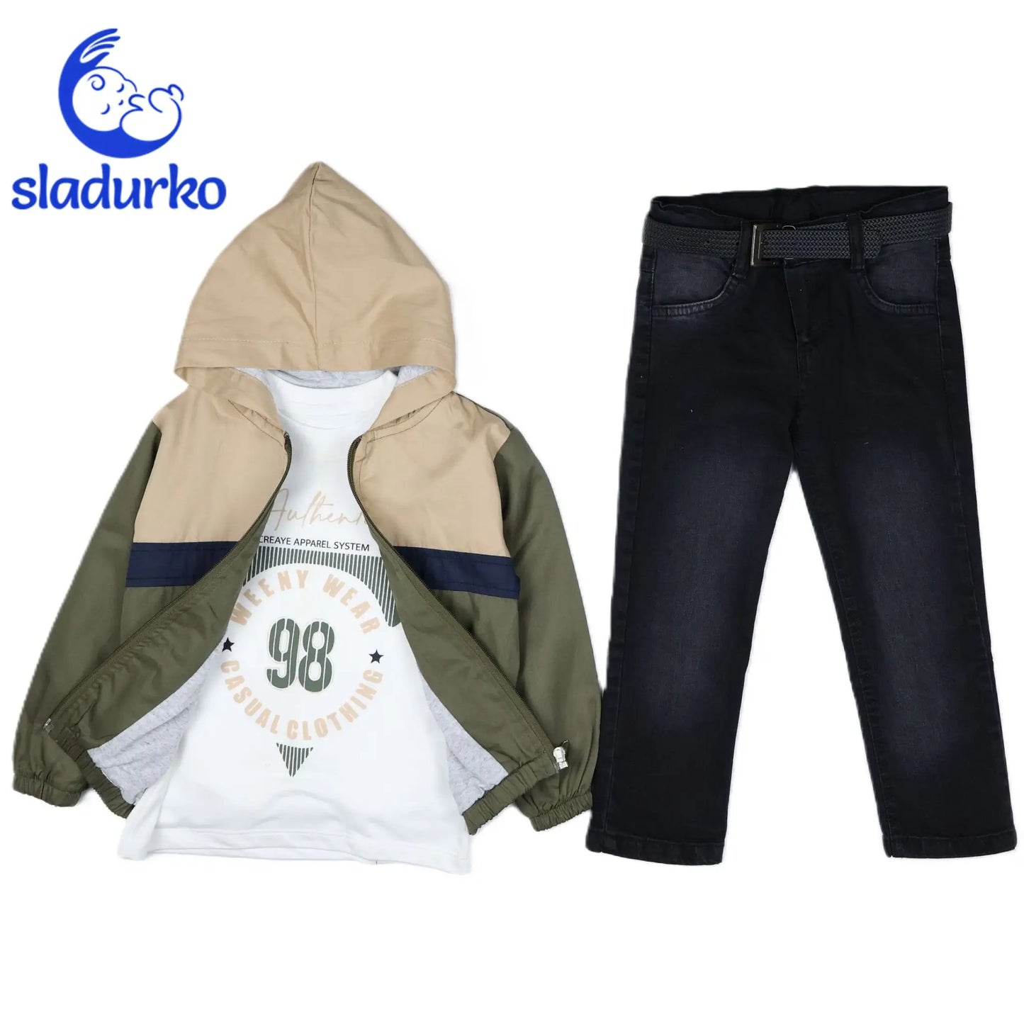 Яке с качулка, блуза с дълъг ръкав и дънки + колан - комплект за момче