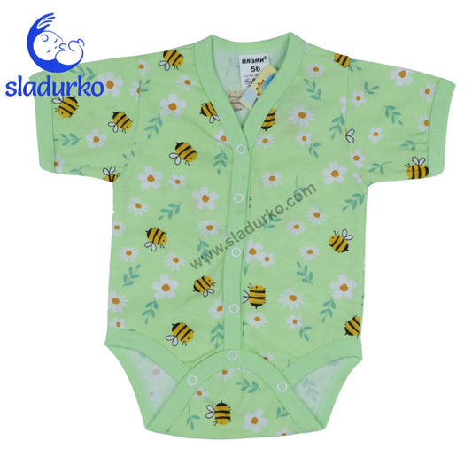 Бебешко боди с къс ръкав „Пчелички и маргаритки“ – светлозелено