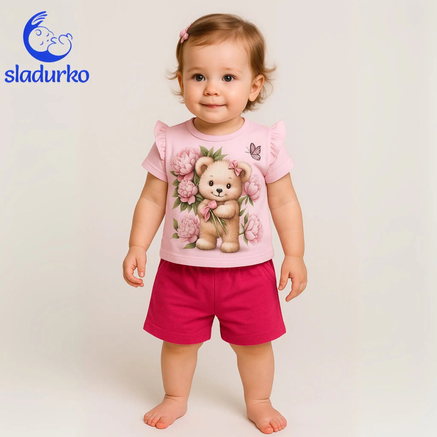 Детски летен комплект "Мече с цветя" - тениска и къси панталонки
