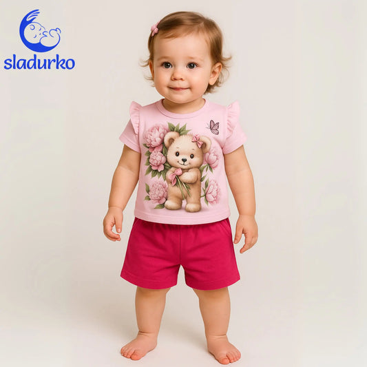 Детски летен комплект "Мече с цветя" - тениска и къси панталонки