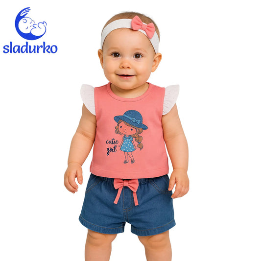 Летен комплект за момиче "Cute Girl" - тениска, дънкови къси панталонки и лента за глава