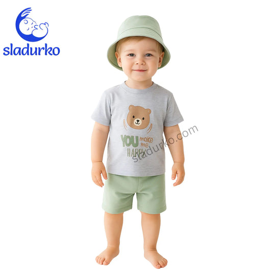 Летен комплект за момче "Happy Bear" - тениска, къси панталонки и шапка