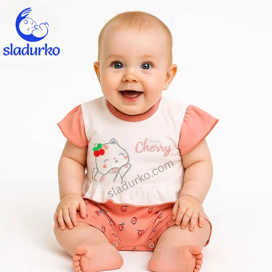Летен Ромпър за момиче с къс ръкав и  бродерия коте