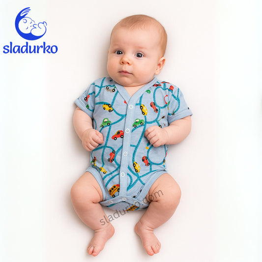 Бебешко боди с къс ръкав и предно закопчаване  - син, коли