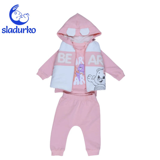 Елек, блузка с дълъг ръкав и панталонки за момиче-прасковен цвят