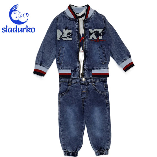 Дънково яке и панталонки комплект с бяла тениска за момче