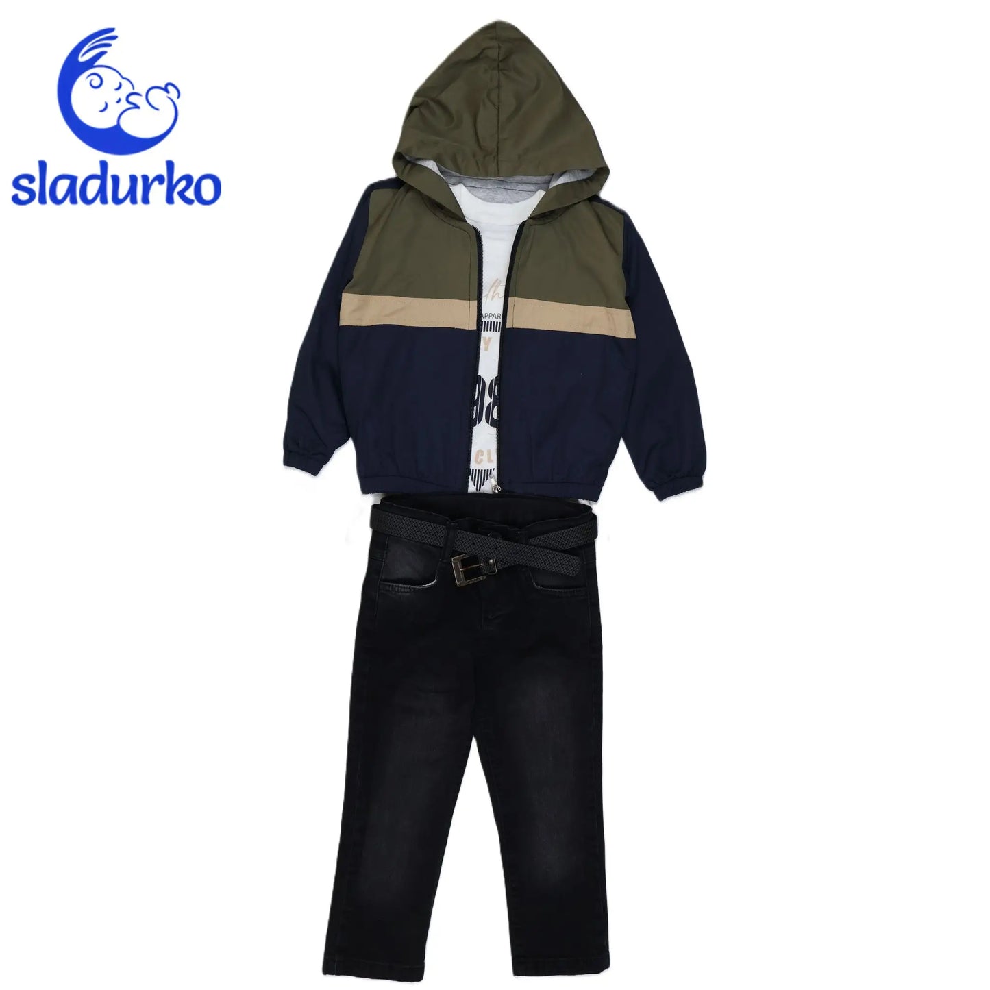 Яке с качулка, блуза с дълъг ръкав и дънки + колан - комплект за момче