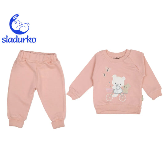 Комплект от две части за момиче с апликация Мече с колело -праскова