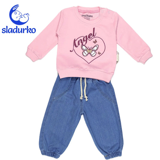 Блузка с бродерия и дънки  за момиче