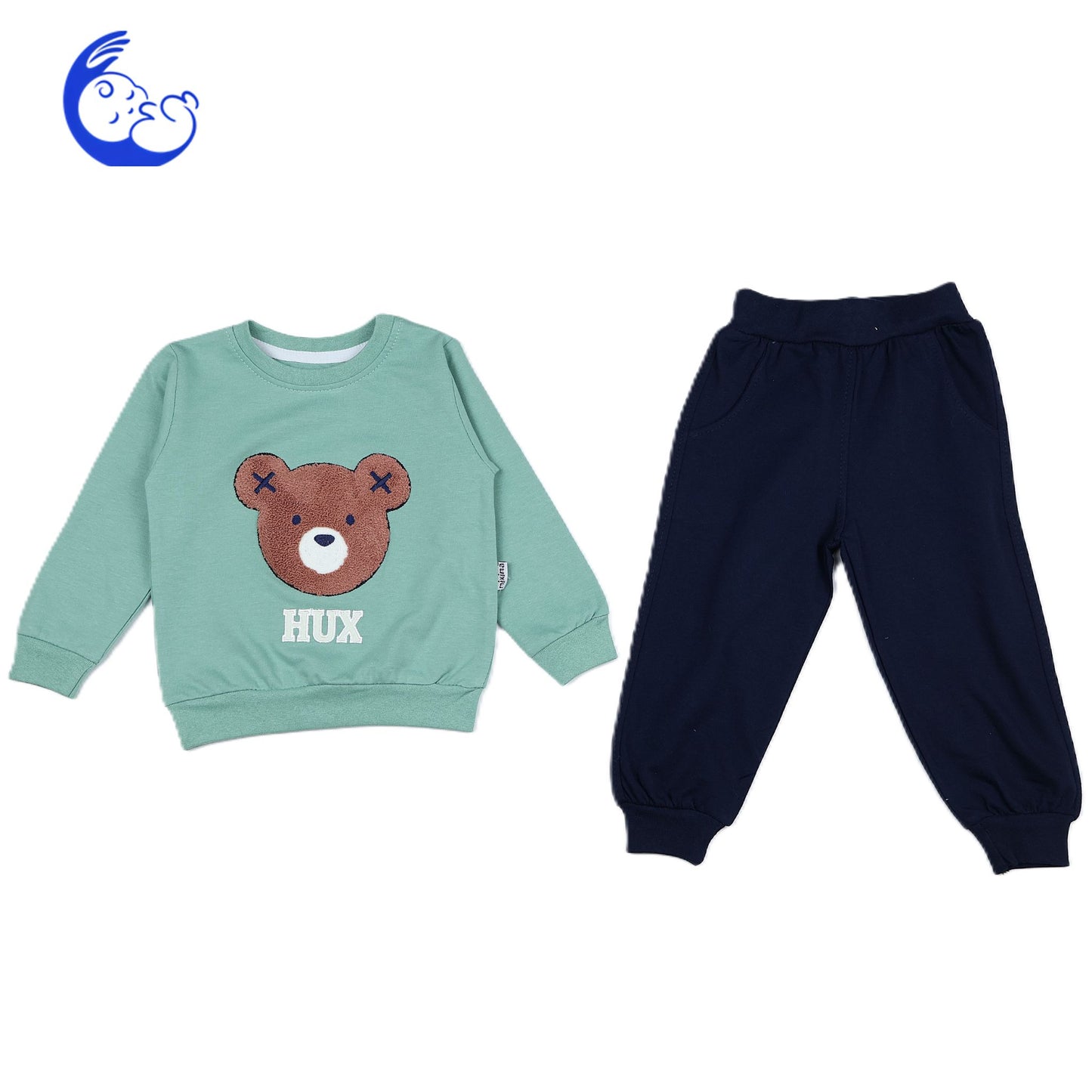 Комплект от светлозелена блузка и тъмно сини панталонки с мече за момче