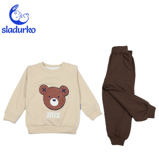 Комплект от бежова блузка и кафяви панталонки с мече за момче