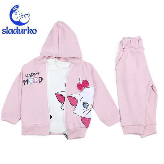 Розов суитчер, бяла блузка с коте и розови панталонки с джобчета