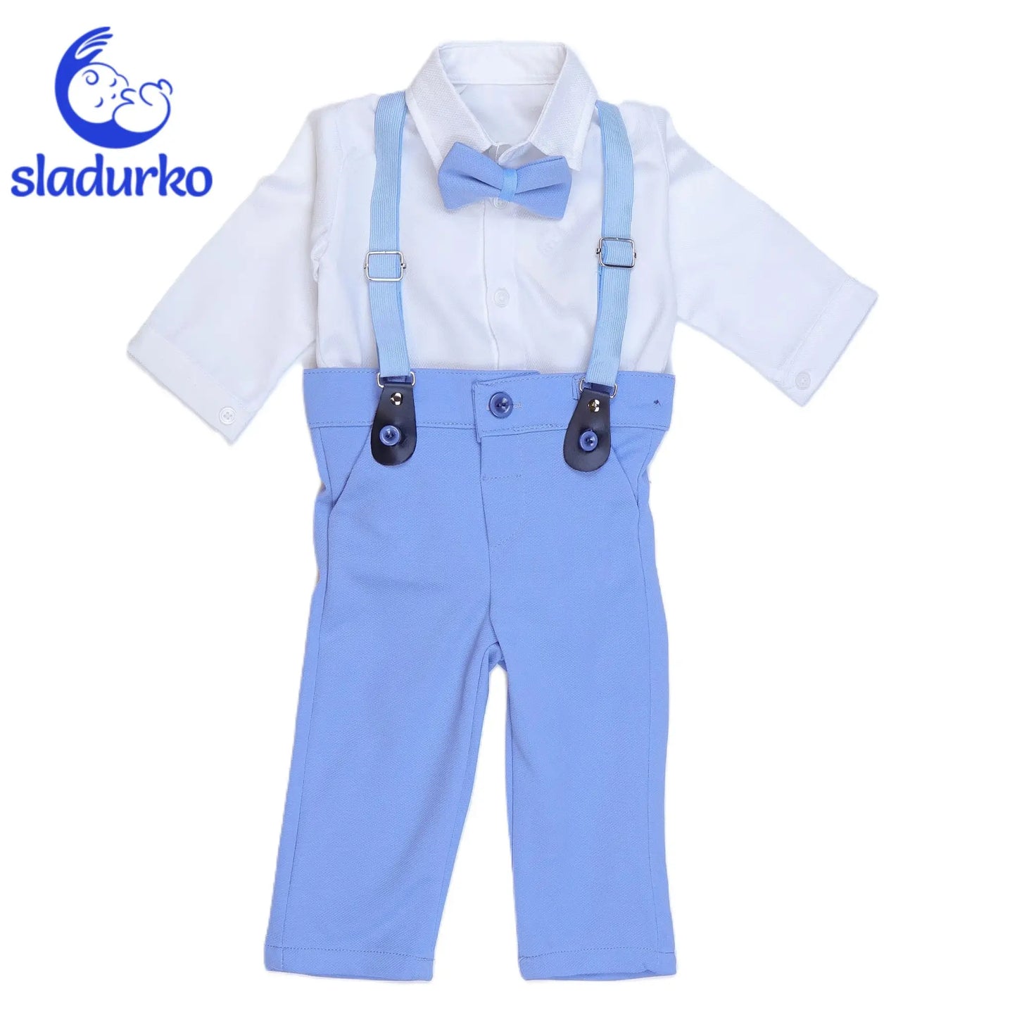 Официален детски комплект  - риза-боди, панталонки с тиранти и папионка