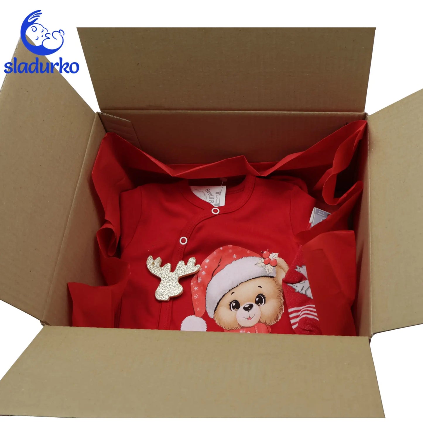 Коледен гащеризон, чорапи играчка за елха - в Коледна подаръчна кутия