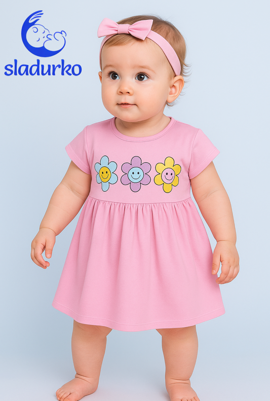 Сладурска розова рокля с усмихнати цветя – Идеална за малки принцеси