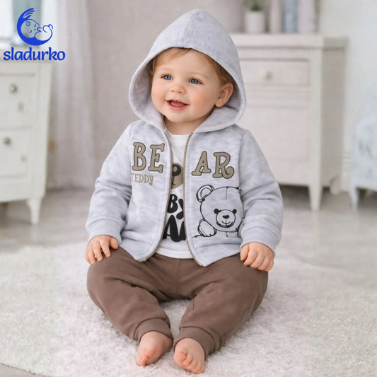 Бебешки комплект от 3 части "Мече Теди" – Сив меланж и Кафяво
