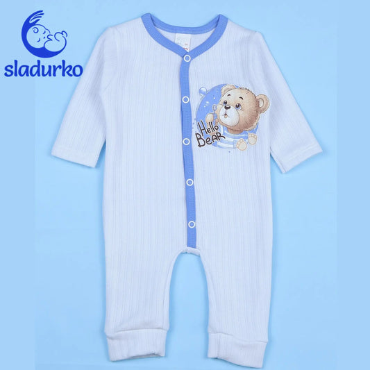 Бял бебешки гащеризон от плътен памучен рипс с апликация на мече