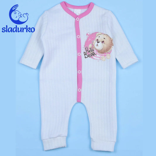 Бял бебешки гащеризон от плътен памучен рипс с апликация на мече