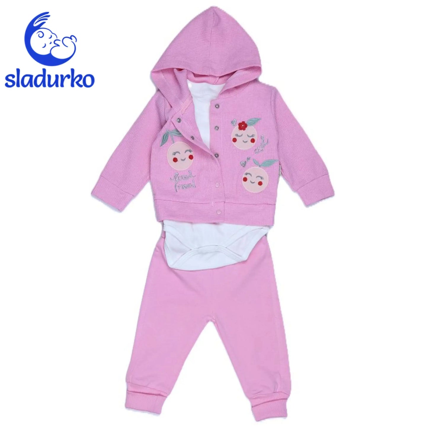 Детски комплект "Сладки черешки" - суичер с качулка, боди и панталонки