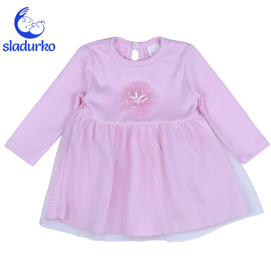 Памучна розова рокля с тюл