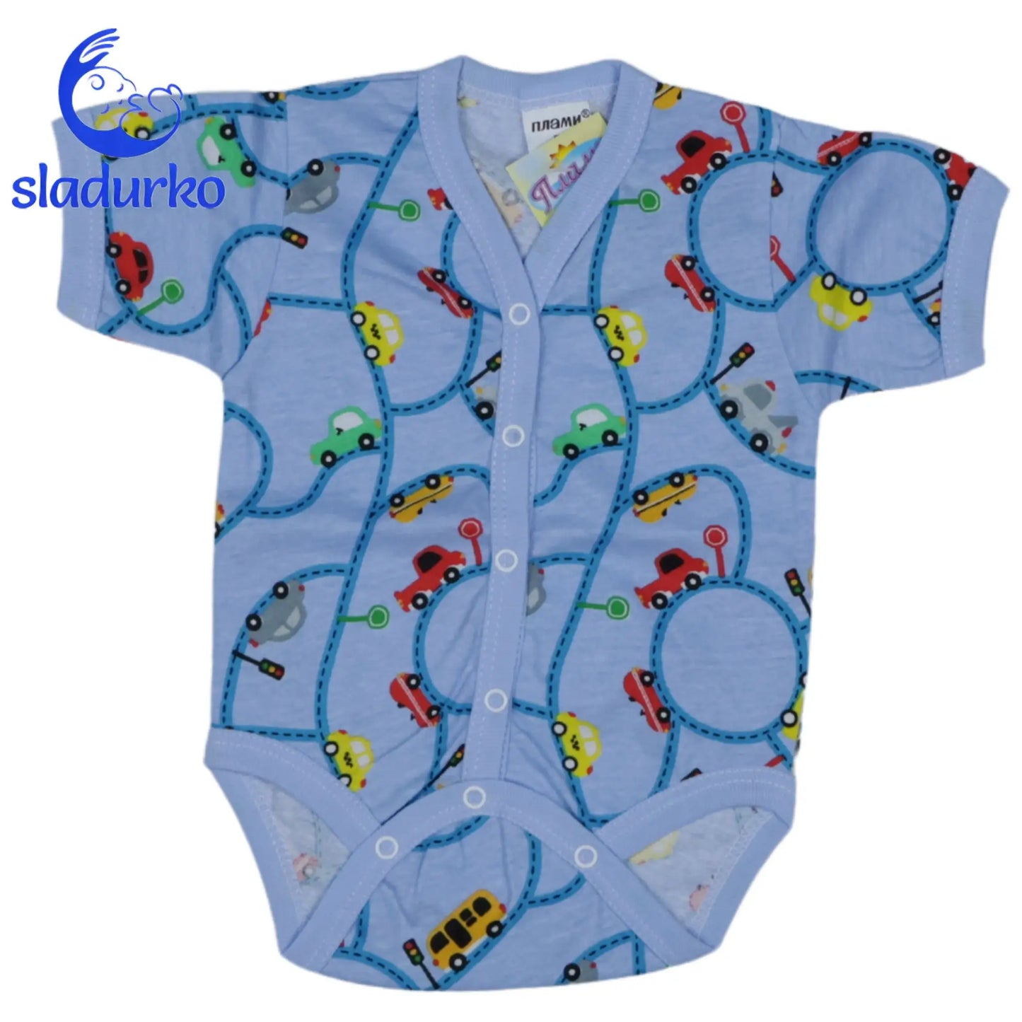 Бебешко боди с къс ръкав и предно закопчаване  - син, коли