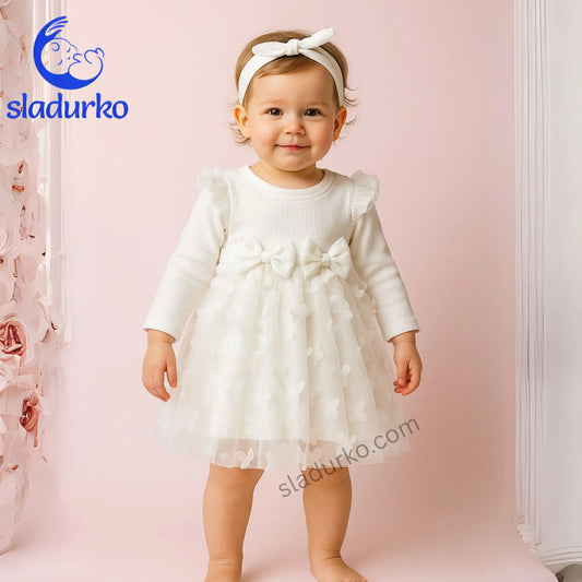 Бяла рокля комплект с лента за глава