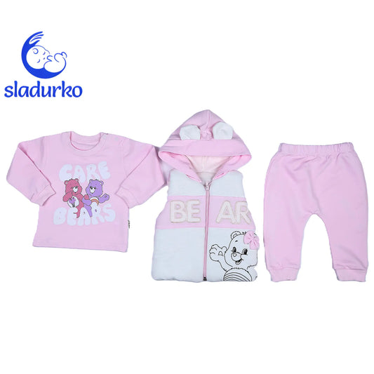 Елек, блузка с дълъг ръкав и панталонки за момиче-розов цвят