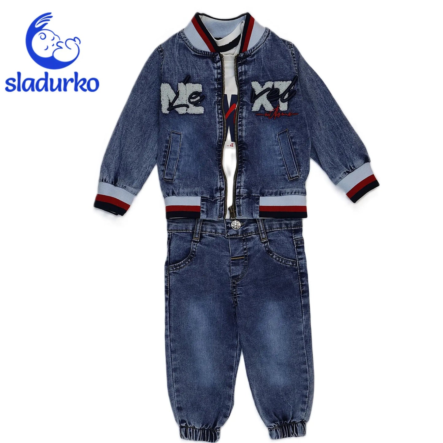 Дънково яке и панталонки комплект с бяла тениска за момче