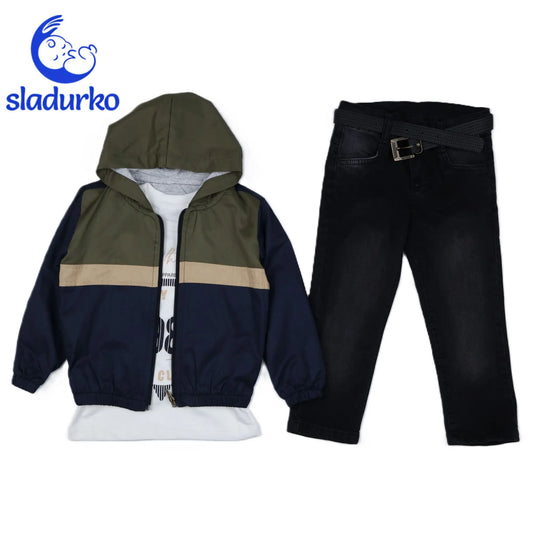 Яке с качулка, блуза с дълъг ръкав и дънки + колан - комплект за момче