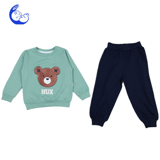 Комплект от светлозелена блузка и тъмно сини панталонки с мече за момче