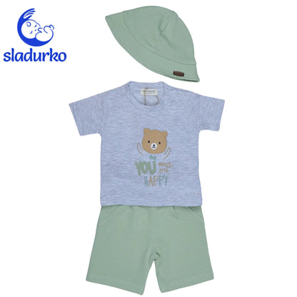 Летен комплект за момче "Happy Bear" - тениска, къси панталонки и шапка