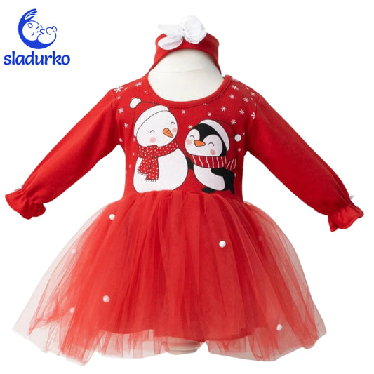 Коледна рокля с лента за глава „Пингвинче и Снежен човек“