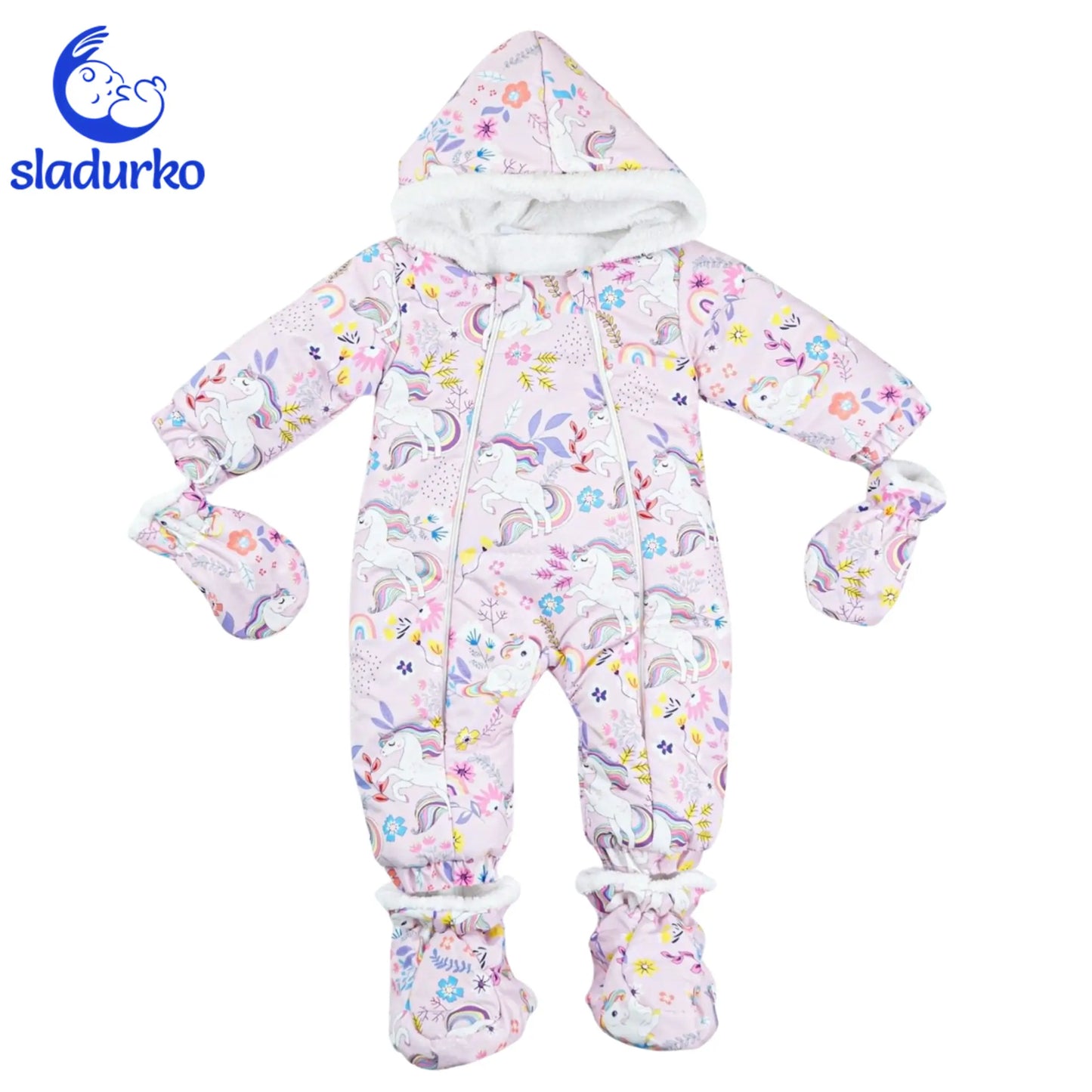 Зимен бебешки гащеризон „Еднорози и дъги“ с ръкавички и терлички