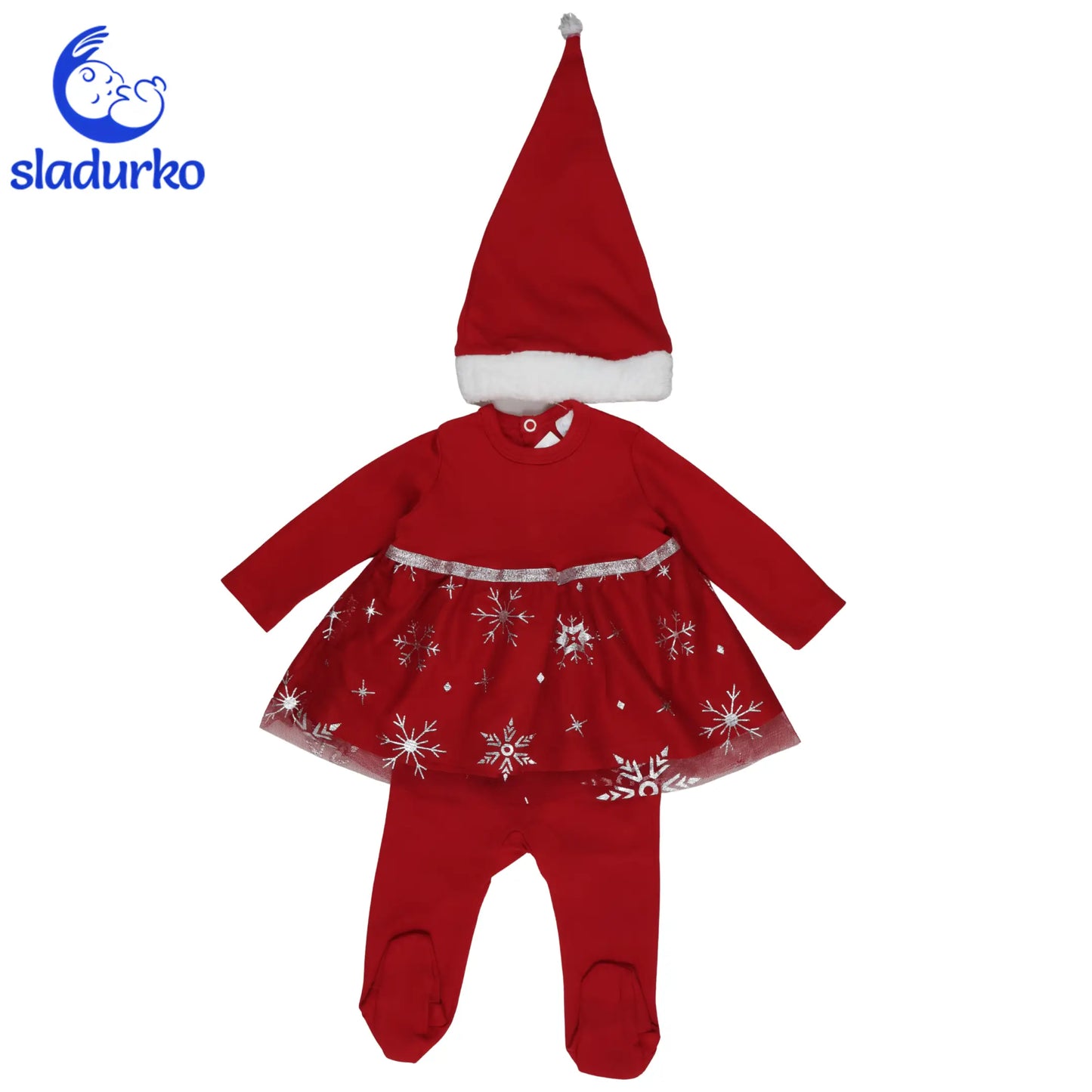 Бебешки Коледен Комплект 3 части: Рокля,Ританки  и Шапка на Дядо Коледа