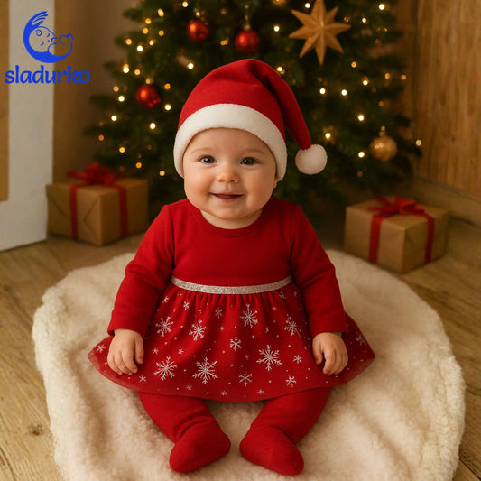 Бебешки Коледен Комплект 3 части: Рокля,Ританки  и Шапка на Дядо Коледа