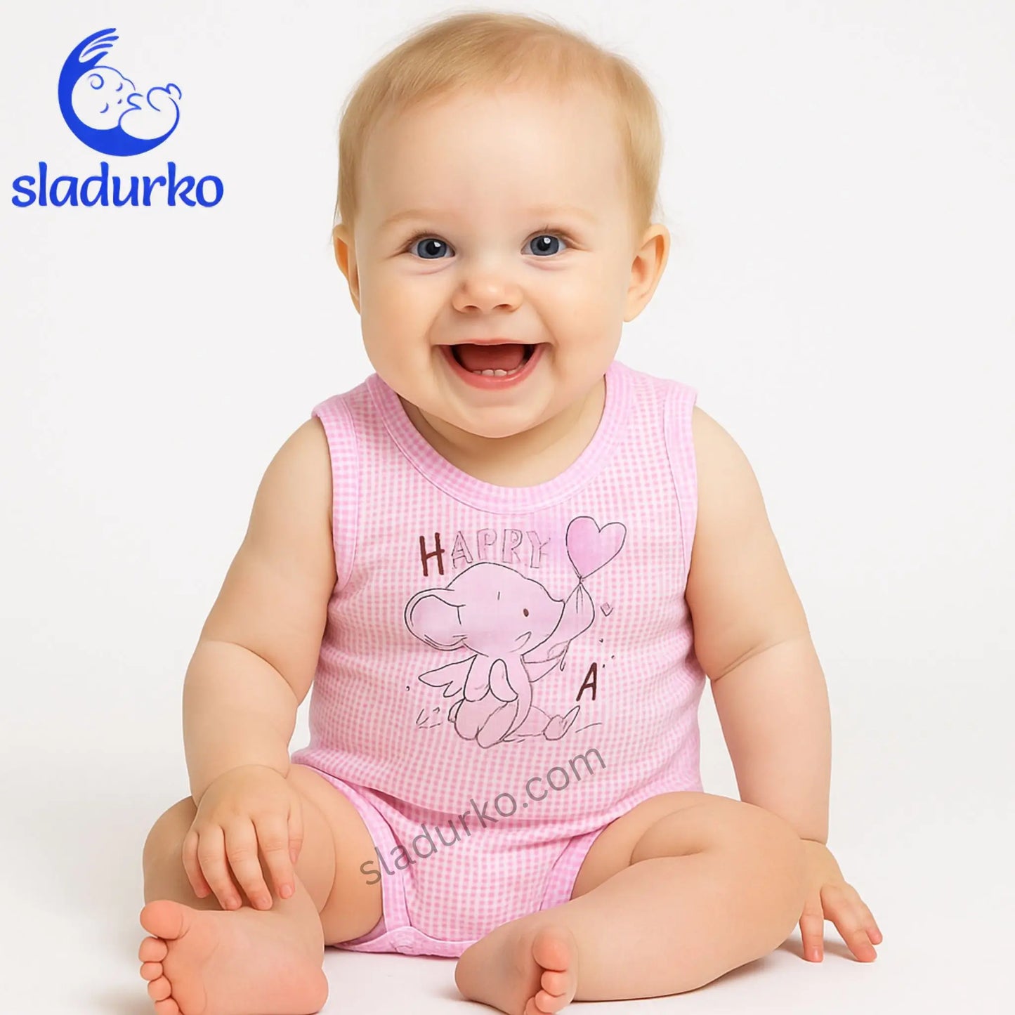 Розов потник-боди с апликация на мишле и надпис "Happy"