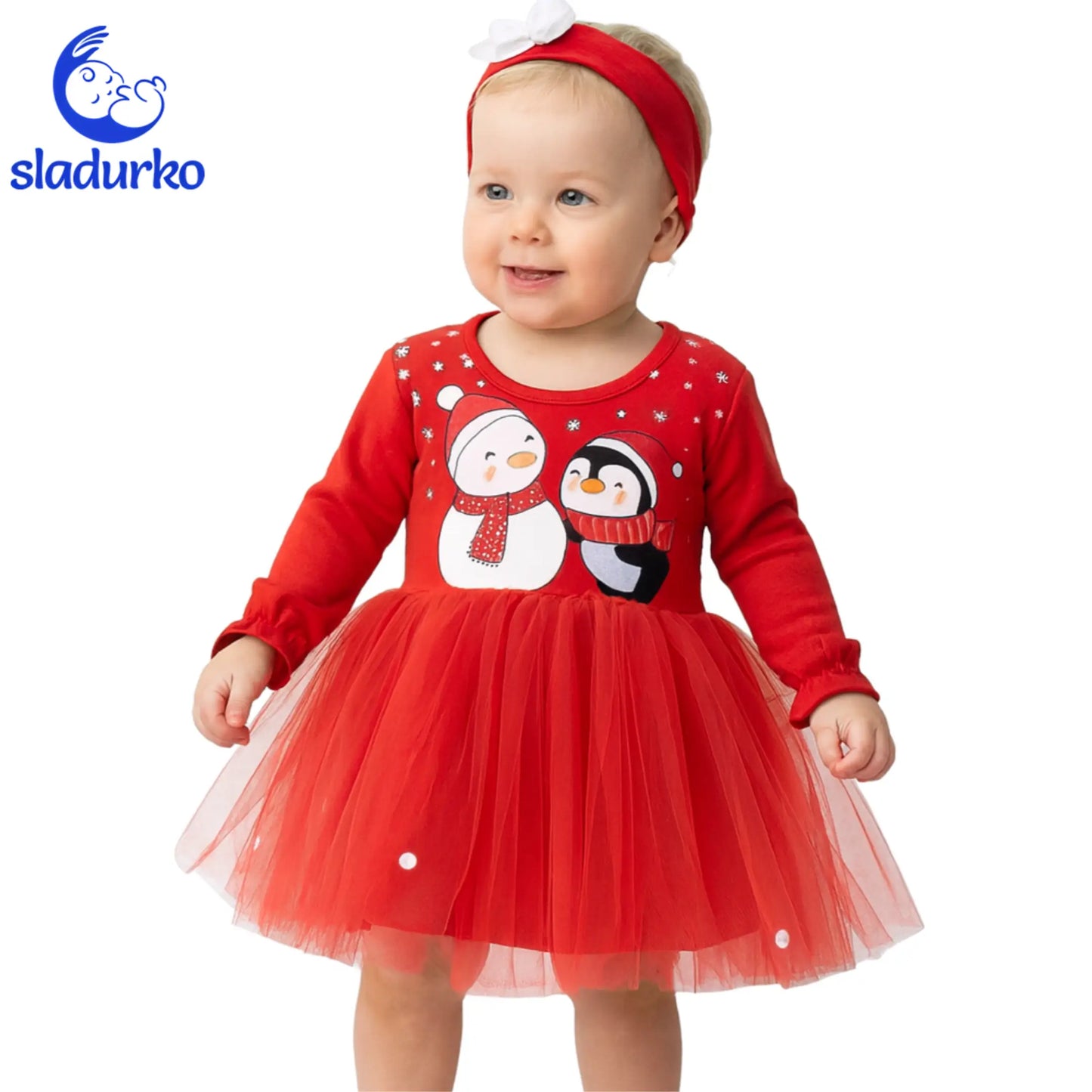 Коледна рокля с лента за глава „Пингвинче и Снежен човек“