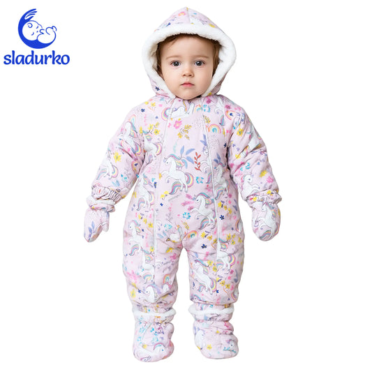 Зимен бебешки гащеризон „Еднорози и дъги“ с ръкавички и терлички
